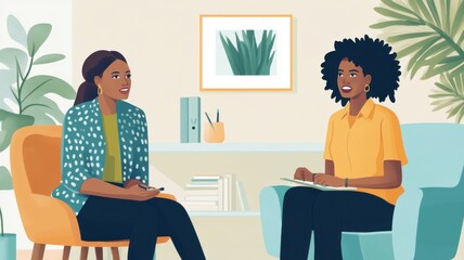 Two women having a friendly conversation in a cozy living room setting.