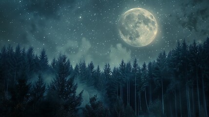 Wall Mural - night scene showcasing a dense forest bathed in moonlight, with a full moon shining brightly in the 