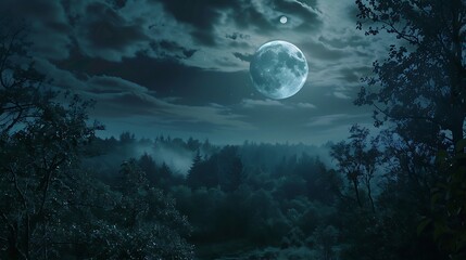 Wall Mural - forest bathed in the ethereal glow of a full moon. the trees stand tall and silent, their shadows st