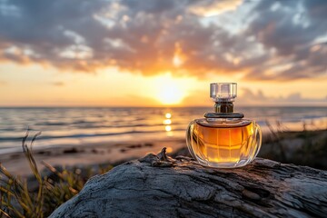 Wall Mural - A golden transparent perfume bottle with drops on a log. Close-up. In the background, the ocean and cloudy sunset sky. Bottom view. Concept of International Fragrance Day. with generative ai