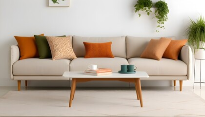 Wall Mural - Cozy living room with inviting couch, stylish coffee table, and serene touches of books and coffee