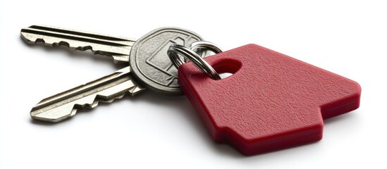 Two keys with a red house-shaped key chain.