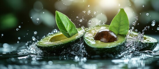 Poster - Two halves of an avocado with a pit and leaves splashing into a pool of water.