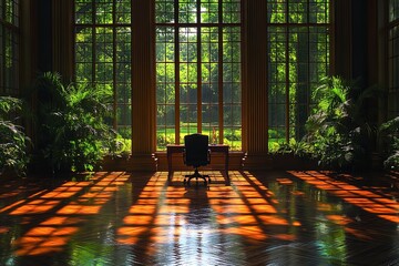 Poster - A serene office with large windows overlooking a lush garden on a bright sunny day. Generative AI