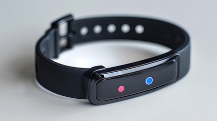 A sleek black fitness tracker with two indicator lights for monitoring health metrics.