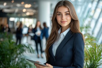 Businesswoman in a Blue Suit Using a Tablet in an Office Setting