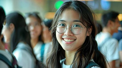 Poster - A young woman with glasses beams with joy as she stands in a lively crowd, highlighting the excitement of a university orientation day filled with new experiences.