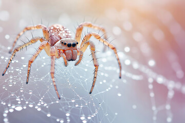 Spider Crawling on Web with Blurred Background