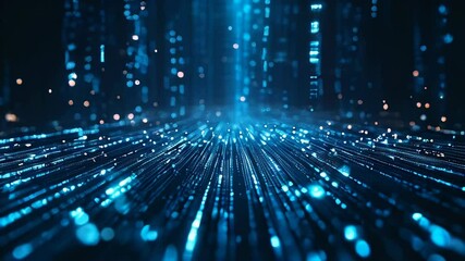 Fototapete - Immerse yourself in a captivating digital environment bursting with shimmering blue particles and dynamic data streams, showcasing a stunning light display
