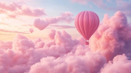Aufkleber - Pink hot air balloon floating among heart-shaped clouds at sunset, dreamlike fantasy scene