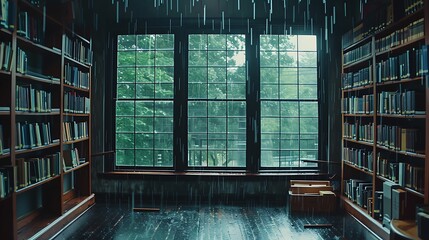 A quiet library with rain pattering against the windows, creating a cozy atmosphere for reading.