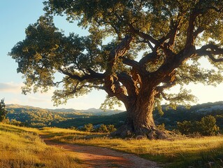 Wall Mural - Majestic Old Tree in a Golden Meadow Landscape