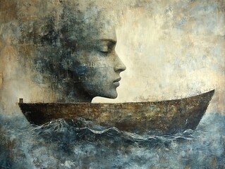 Poster - The Journey Within: A Surrealist Painting of a Face on a Boat