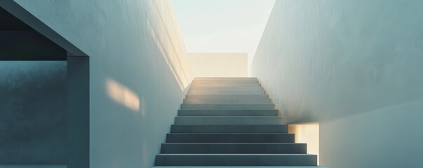 Poster - Concrete staircase leading to the sky with sunlight, minimalistic architecture. Modern design and tranquility concept