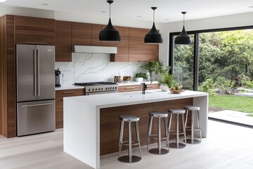 Wall Mural - modern kitchen with white countertops, stainless steel appliances, and wood cabinets. it features a 