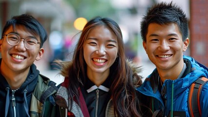 Poster - Three friends share joyful smiles while posing outdoors in a lively urban area, surrounded by greenery and a lively crowd, basking in a pleasant day.
