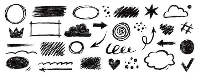 Poster - Doodle line chalk brush element set on blackboard. Chalkboard texture brush stroke square, spiral, arrow element scribble line hand drawn sketch design. Crayon pencil style. Vector illustration.