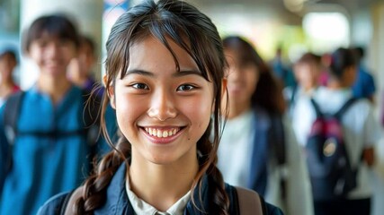 Poster - A cheerful student with braided hair stands in a school corridor, radiating positivity as peers walk by during an active school day, filled with learning and camaraderie.