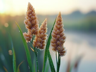 Poster - Delicate Dew Drops on Grass Flowers at Sunrise