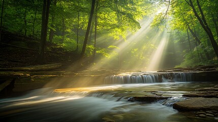 Sunbeams illuminating a cascading waterfall in a lush green forest.