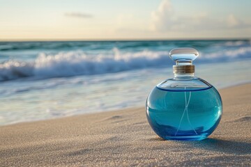 Wall Mural - Close up of a glass pot-bellied bottle of blue perfume on the sandy shore of the ocean. In the background, the ocean surf and the horizon. with generative ai