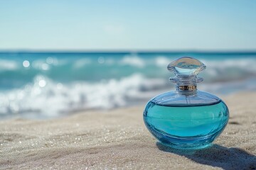 Wall Mural - Close up of a glass pot-bellied bottle of blue perfume on the sandy shore of the ocean. In the background, the ocean surf and the horizon. with generative ai