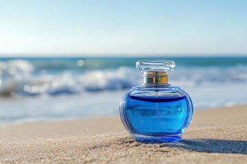 Wall Mural - Close up of a glass pot-bellied bottle of blue perfume on the sandy shore of the ocean. In the background, the ocean surf and the horizon. with generative ai