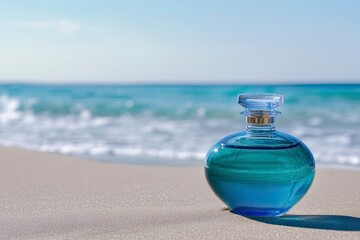 Wall Mural - Close up of a glass pot-bellied bottle of blue perfume on the sandy shore of the ocean. In the background, the ocean surf and the horizon. with generative ai