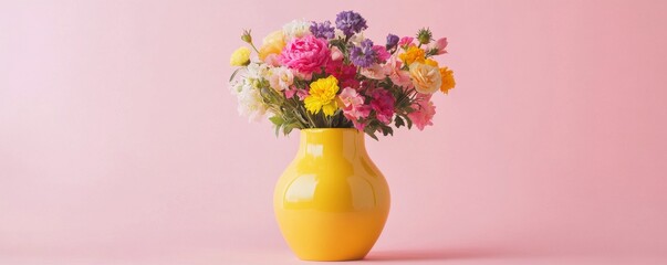 Wall Mural - Vibrant bouquet of assorted flowers in a yellow vase, pastel background. Floral arrangement and interior decor concept