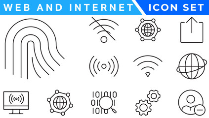 Poster - Wireless and Network vector line icon set. Contains linear outline icons like Connection, Signal, Internet, Phone, Radio, Computer, Wifi, Communication, Antenna. Editable use and stroke