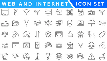 Poster - vWireless and Network vector line icon set. Contains linear outline icons like Connection, Signal, Internet, Phone, Radio, Computer, Wifi, Communication, Antenna. Editable use and stroke