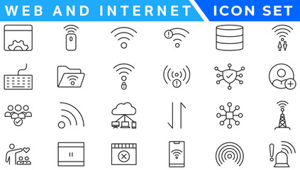 Poster - Wireless and Network vector line icon set. Contains linear outline icons like Connection, Signal, Internet, Phone, Radio, Computer, Wifi, Communication, Antenna. Editable use and stroke