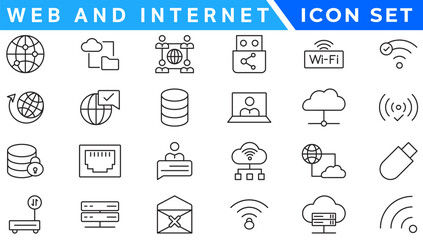 Poster - Wireless and Network vector line icon set. Contains linear outline icons like Connection, Signal, Internet, Phone, Radio, Computer, Wifi, Communication, Antenna. Editable use and stroke