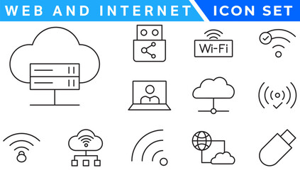 Poster - Wireless and Network vector line icon set. Contains linear outline icons like Connection, Signal, Internet, Phone, Radio, Computer, Wifi, Communication, Antenna. Editable use and stroke
