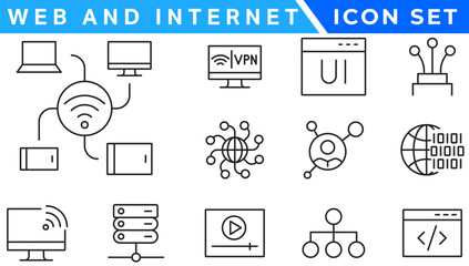 Poster - Wireless and Network vector line icon set. Contains linear outline icons like Connection, Signal, Internet, Phone, Radio, Computer, Wifi, Communication, Antenna. Editable use and stroke