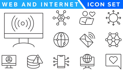 Poster - Wireless and Network vector line icon set. Contains linear outline icons like Connection, Signal, Internet, Phone, Radio, Computer, Wifi, Communication, Antenna. Editable use and stroke