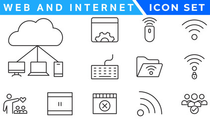 Poster - Wireless and Network vector line icon set. Contains linear outline icons like Connection, Signal, Internet, Phone, Radio, Computer, Wifi, Communication, Antenna. Editable use and stroke