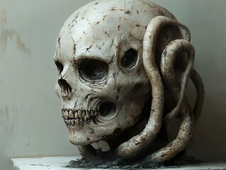 Canvas Print - A Skull Enveloped in Tendrils: A Surreal Exploration of Mortality