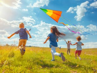 Rearview of happy joyful diverse boys and girls, kids playing outdoors, running and flying kite in the sunny spring - ai