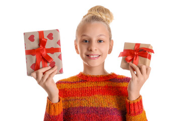 Canvas Print - Happy teenager girl with gift boxes isolated on white background