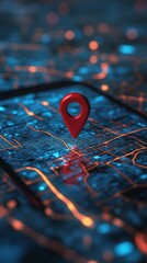 Poster - Red location pin on digital map with glowing lines, futuristic navigation concept