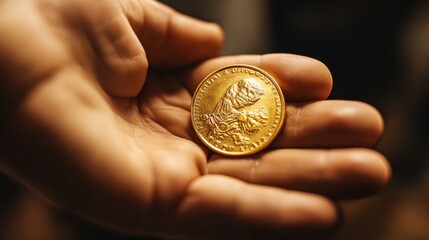 Wall Mural - Close-up of a hand holding a polished gold coin, showcasing fine details and craftsmanship.