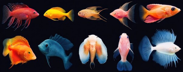 Wall Mural - A variety of deep sea fish emitting bioluminescence, each unique in form and light, representing the biodiversity of the deep