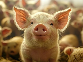 Sticker - Adorable Piglet Portrait: Close Up of a Cute Pink Piglet