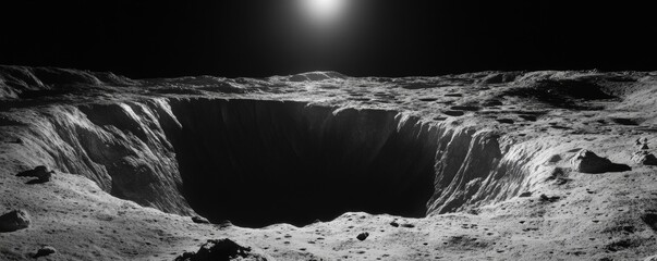 Lunar surface with large crater under bright