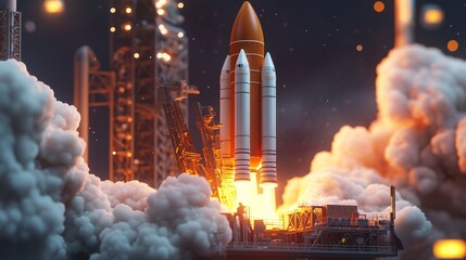 Aufkleber - 3D render of a technology development process leading to the launch of a new product or service, with a space rocket lift-off as the focal point