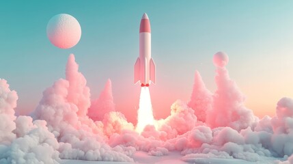 Poster - 3D render of a technology development scene with a space rocket taking off, representing the launch of a new product or service