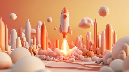 Poster - 3D render of a technology development scene with a space rocket taking off, representing the launch of a new product or service