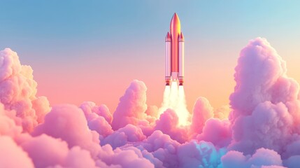Poster - 3D render of a technology development scene with a space rocket taking off, representing the launch of a new product or service