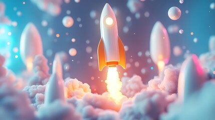 Poster - 3D render of a technology development scene with a space rocket taking off, representing the launch of a new product or service
